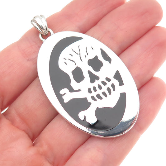 925 Sterling Silver Vintage Real Black Onyx Skull & Crossbones Biker Pendant