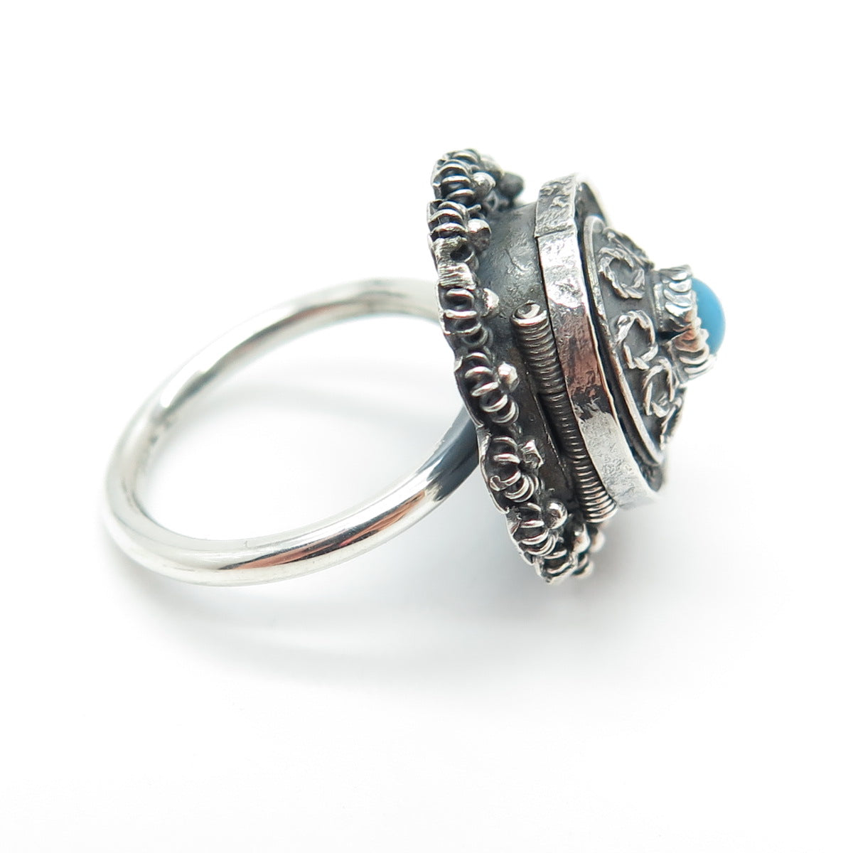 925 Sterling Silver Vintage Faux Turquoise Cannetille Oxidized Ring Size 5