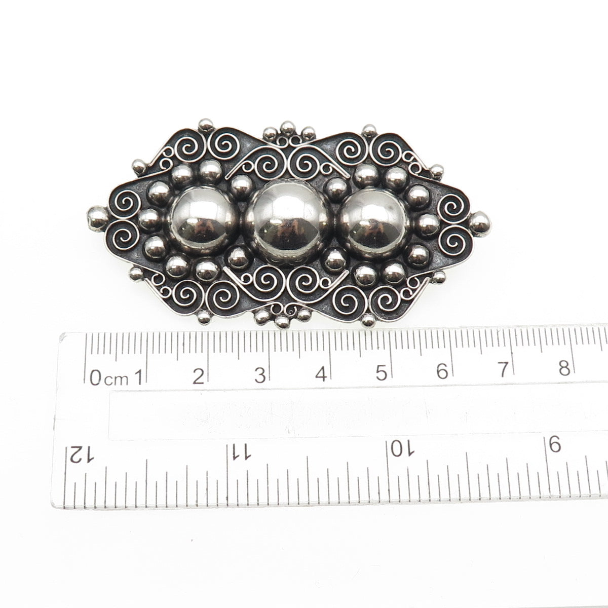 TOBIAS 925 Sterling Silver Vintage Mexico Swirl Beaded Oxidized Pin Brooch