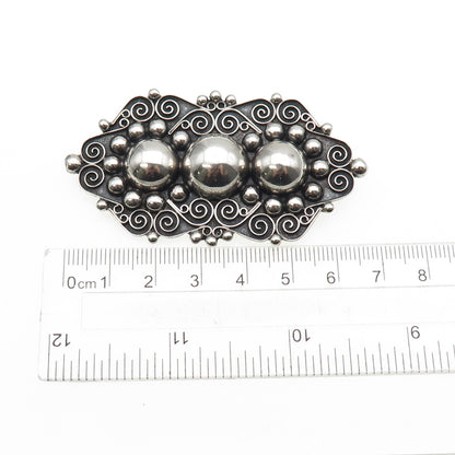 TOBIAS 925 Sterling Silver Vintage Mexico Swirl Beaded Oxidized Pin Brooch