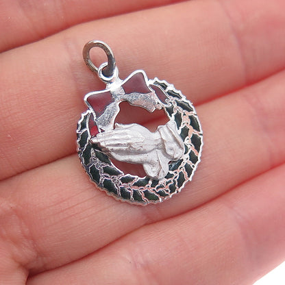 BEAU 925 Sterling Silver Vintage Enamel Christmas Wreath Praying Hands Pendant