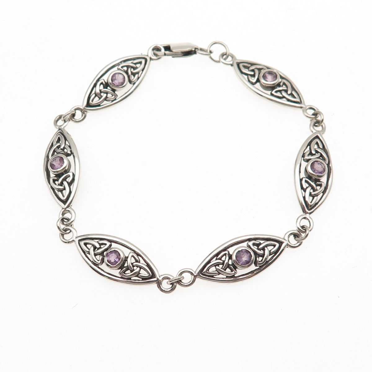 Peter Stone Sterling Silver Vintage Real Amethyst Celtic Trinity Bracelet 6.25"