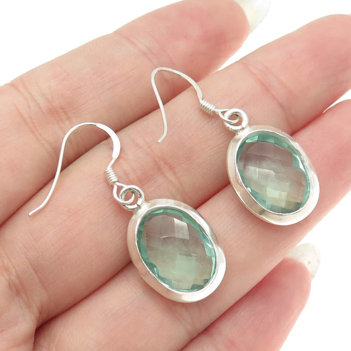 925 Sterling Silver Vintage Real Oval-Cut Green Mint Amethyst Dangling Earrings