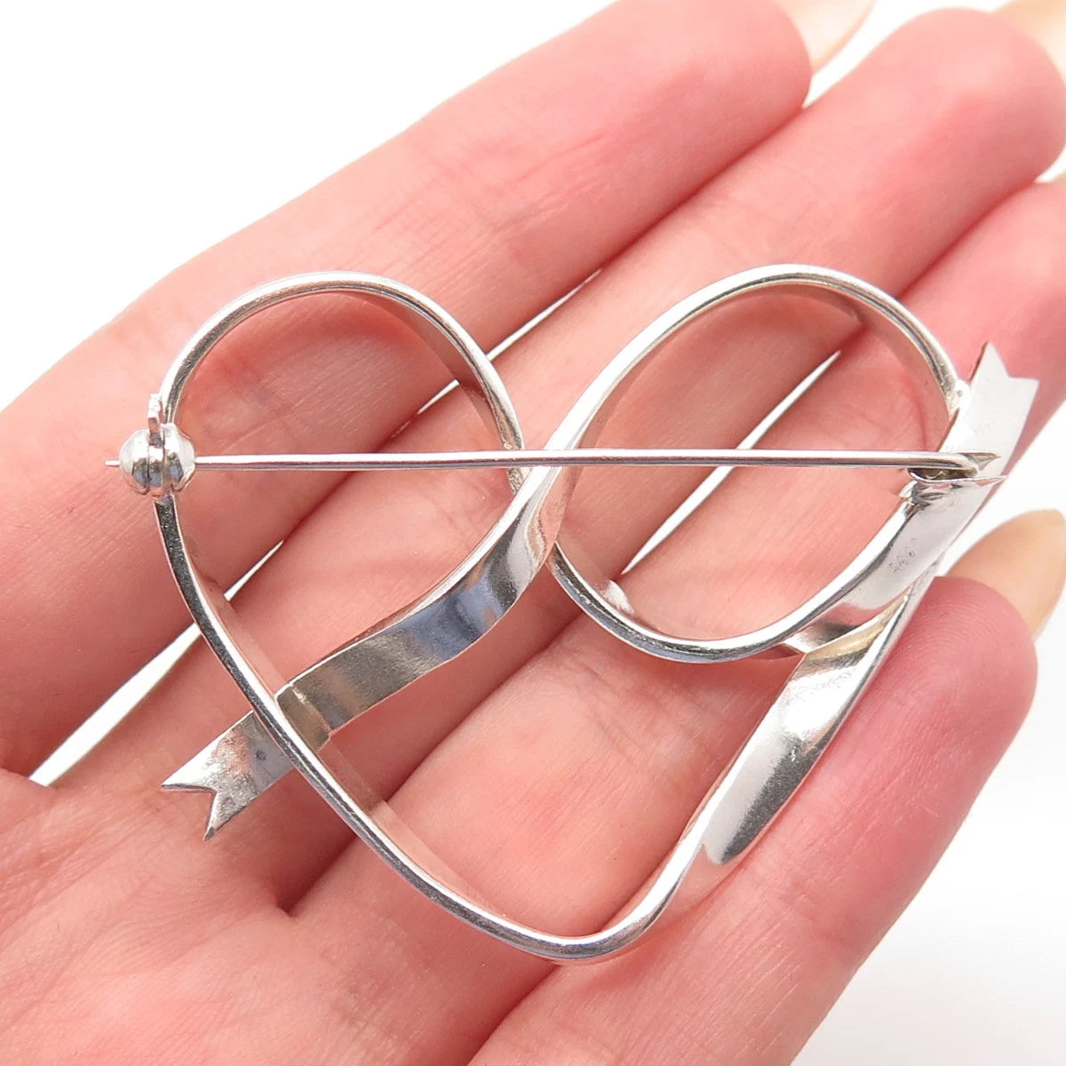 925 Sterling Silver Vintage Open Heart Ribbon Pin Brooch