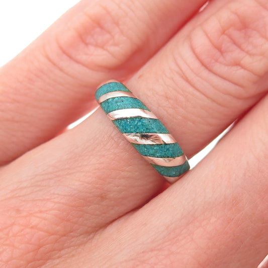 925 Sterling Silver Vintage Real Turquoise Inlay Oxidized Ring Size 5