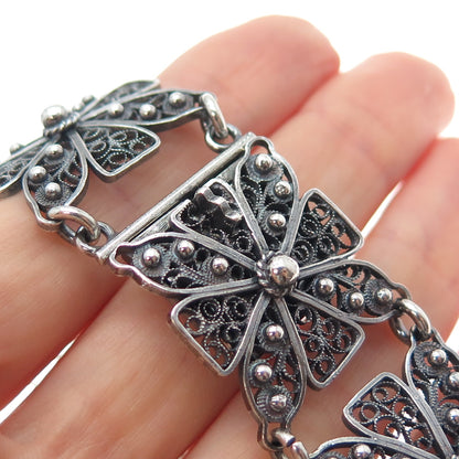 925 Sterling Silver Vintage GHG Artisan Cross Filigree Oxidized Bracelet 7.25"
