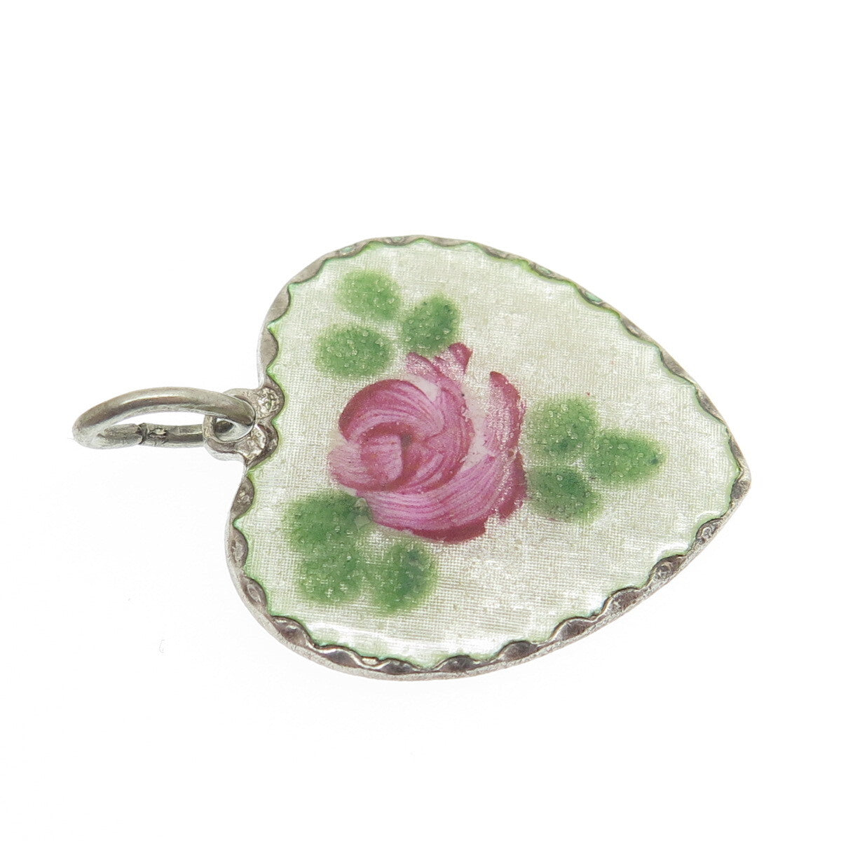 BEAU 925 Sterling Silver Antique Art Deco Enamel Rose Flower Heart Charm Pendant
