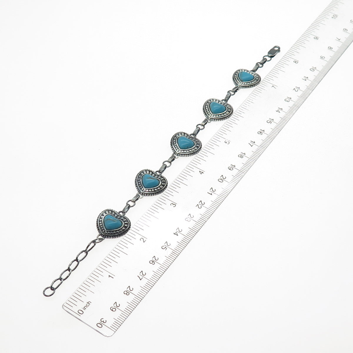 LENOX 925 Sterling Silver Vintage Real Turquoise Heart Link Oxidized Bracelet 8"