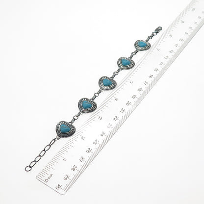 LENOX 925 Sterling Silver Vintage Real Turquoise Heart Link Oxidized Bracelet 8"