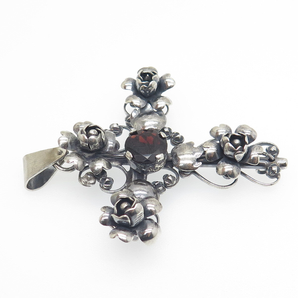 925 Sterling Silver Antique Art Deco Real Red Garnet Rose Cross Oxidized Pendant