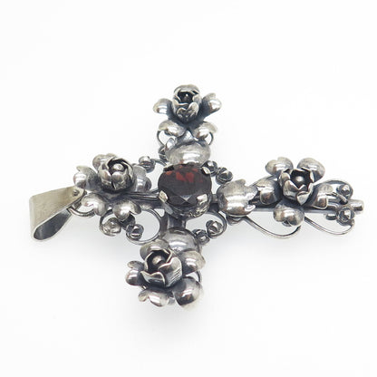 925 Sterling Silver Antique Art Deco Real Red Garnet Rose Cross Oxidized Pendant