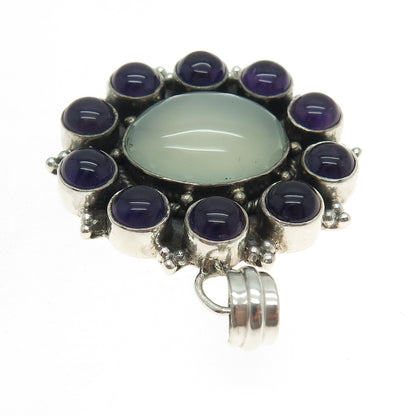 925 Sterling Silver Vintage Real Chalcedony & Amethyst Modernist Floral Pendant