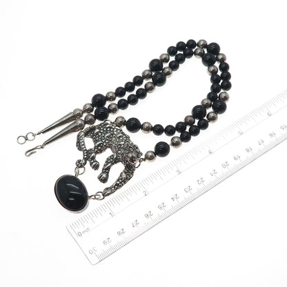 925 Sterling Silver Vintage Real Black Onyx Panther Oxidized Beaded Necklace 20"