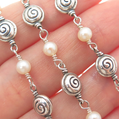 925 Sterling Silver Vintage Real Pearl Spiral Beaded Chain Necklace 16"