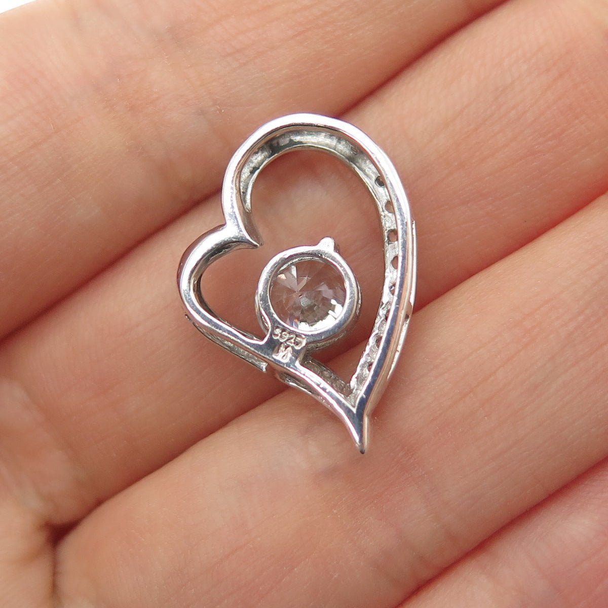 925 Sterling Silver Round-Cut C Z Heart Mini Slide Charm Pendant