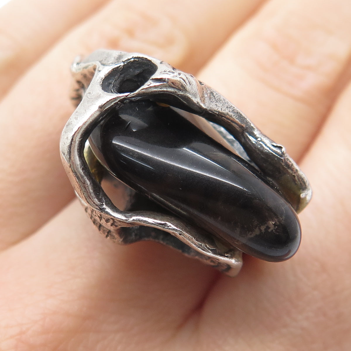 925 Sterling Silver Vintage Israel Real Smoky Quartz Modernist Ring Size 6.75