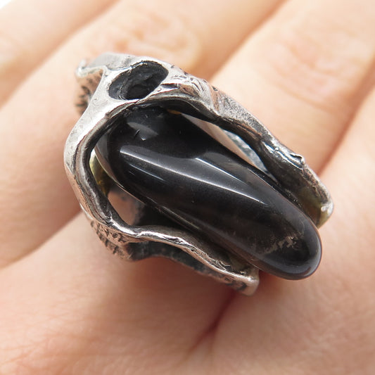 925 Sterling Silver Vintage Israel Real Smoky Quartz Modernist Ring Size 6.75