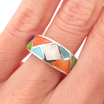 925 Sterling Silver Vintage Real Opal Turquoise Spiny Oyster & Lapis Ring Size 6