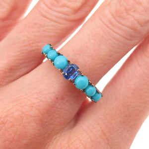 925 Sterling Silver 2-Tone Real Sapphire & Sleeping Beauty Turquoise Ring Size 8