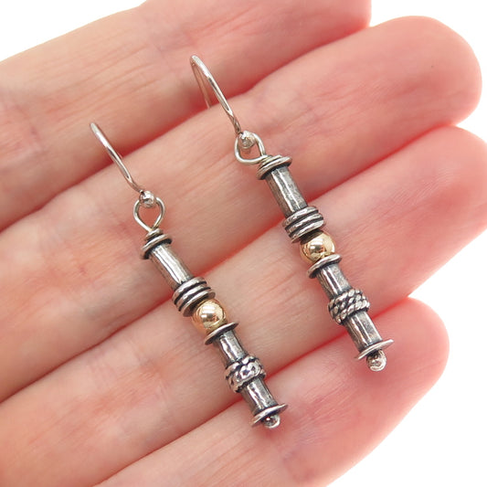 925 Sterling Silver 2-Tone Vintage Modernist Gold Ball Oxidized Dangle Earrings