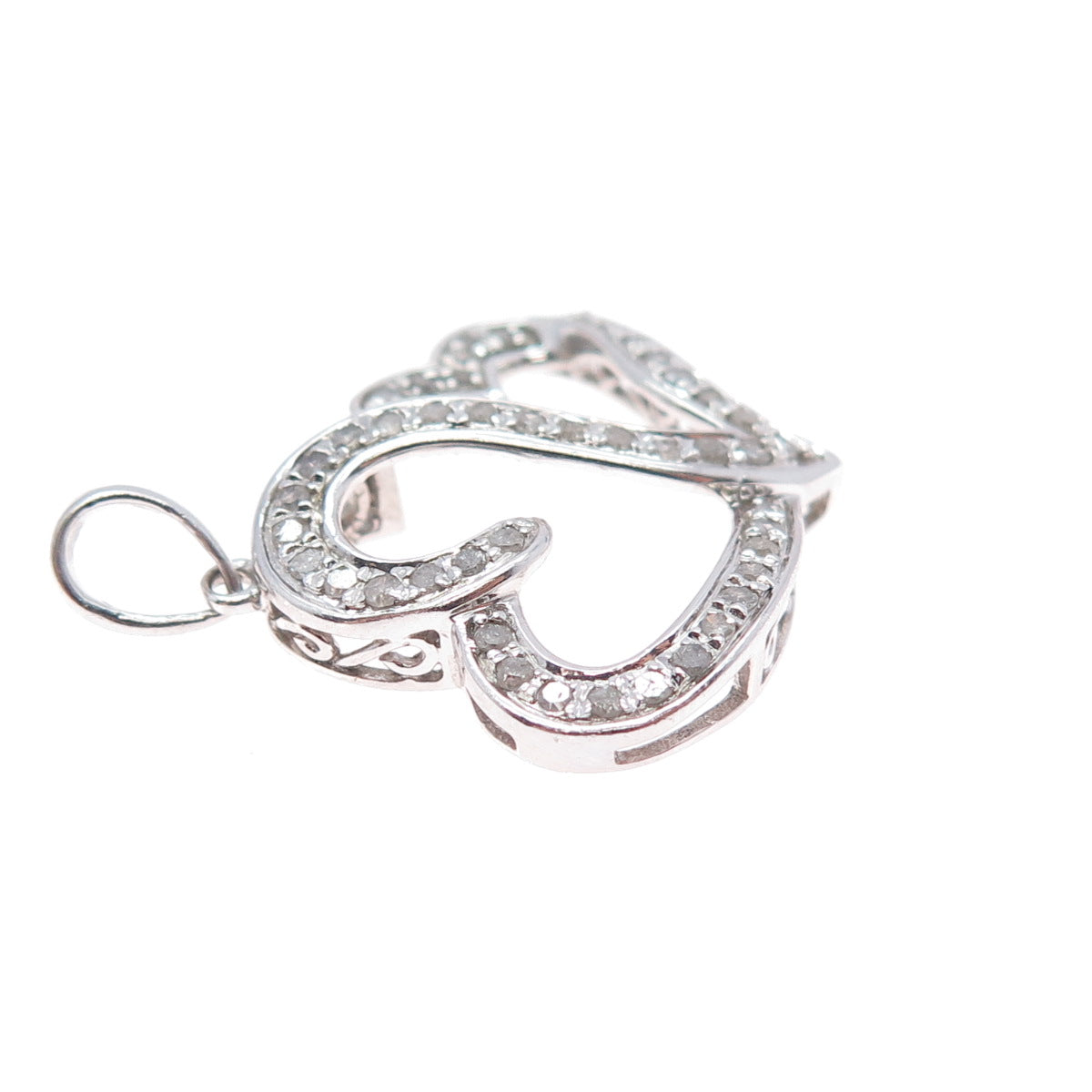 925 Sterling Silver Real Round-Cut Diamond Couple Heart Charm Pendant