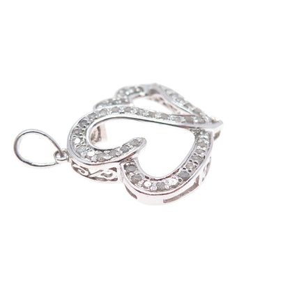 925 Sterling Silver Real Round-Cut Diamond Couple Heart Charm Pendant