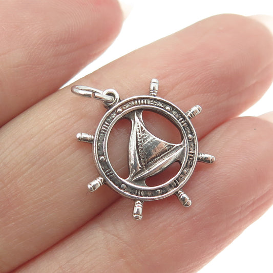 925 Sterling Silver Vintage Sailboat Steering Wheel Minimalist Charm Pendant