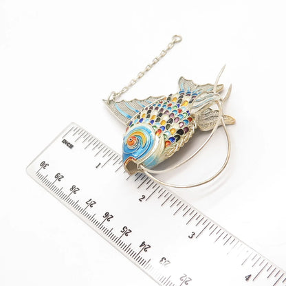 925 Sterling Silver Enamel Antique Articulated Chinese Koi Fish Fob / Pendant