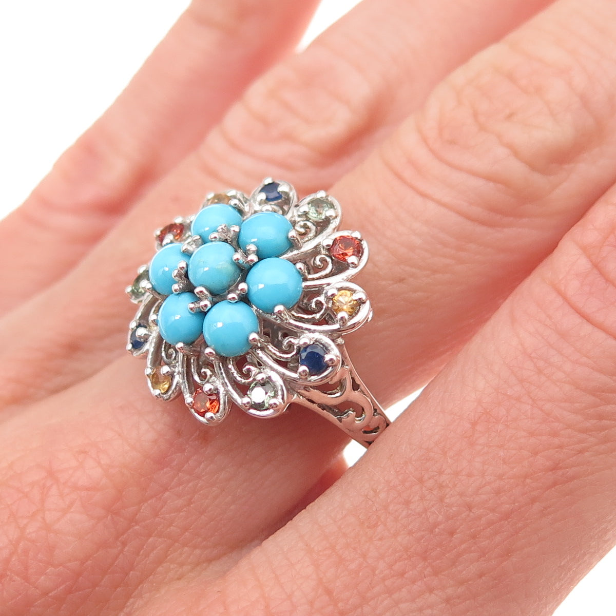 Chuck Clemency 925 Sterling Real Turquoise & Multi-Color Sapphire Ring Size 6.25