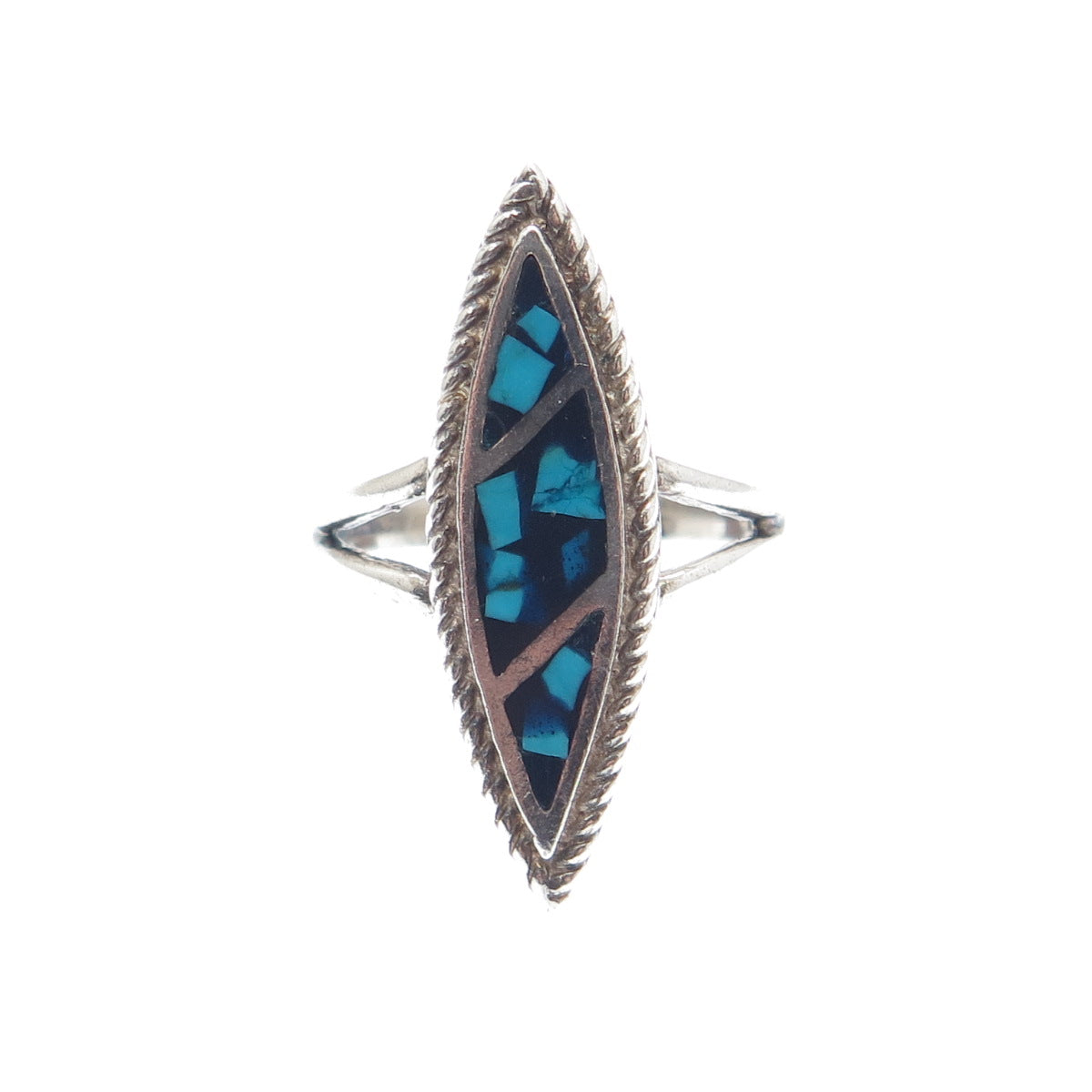 925 Sterling Silver Vintage Southwestern Turquoise Inlay Oxidized Ring Size 5.5