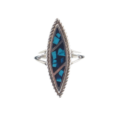 925 Sterling Silver Vintage Southwestern Turquoise Inlay Oxidized Ring Size 5.5
