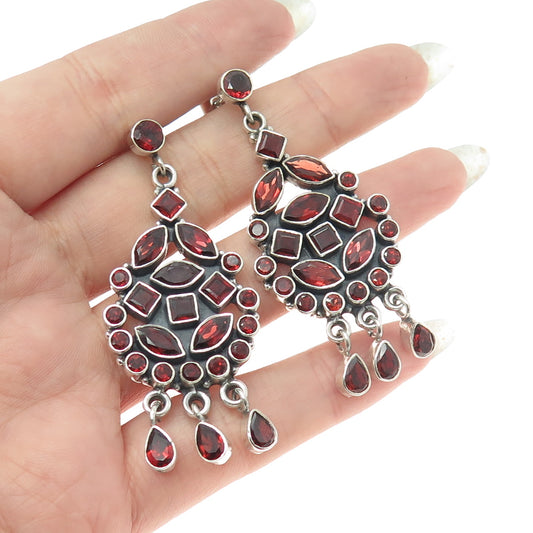 925 Sterling Silver Vintage Real Multi-Cut Red Garnet Dangling Earrings