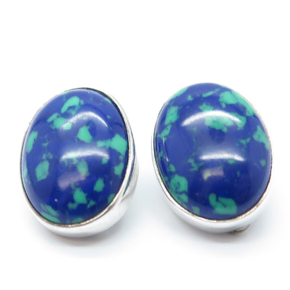 925 Sterling Silver Vintage AIS Mexico Real Azurite Clip On Oval Earrings