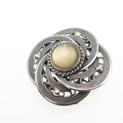 MIRAJ 925 Sterling Silver Vintage Glass Modernist Flower Oxidized Pin Brooch