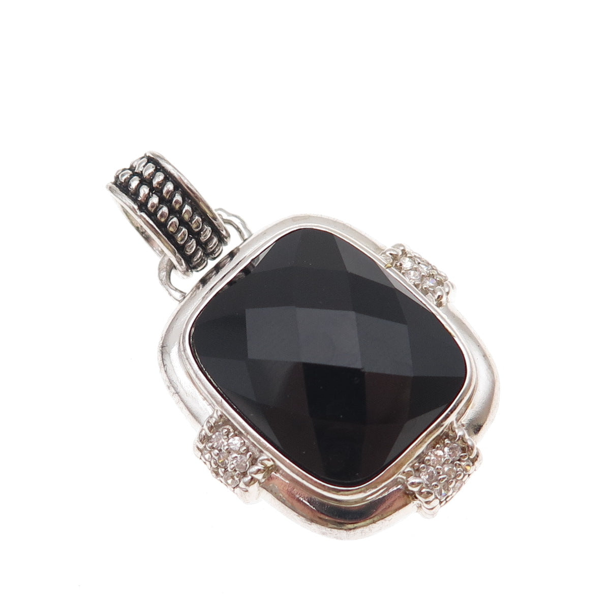 925 Sterling Silver Real Black Onyx & C Z Charm Pendant