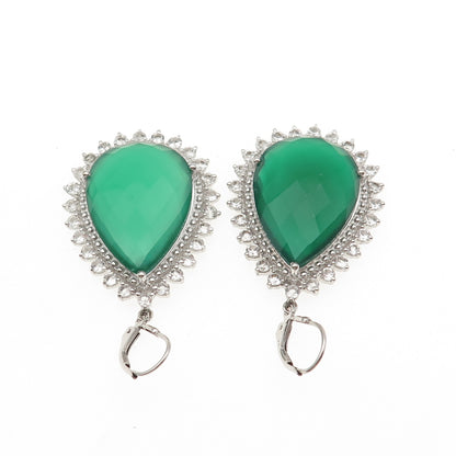 925 Sterling Silver Real Green Chalcedony & White Topaz Teardrop Dangle Earrings