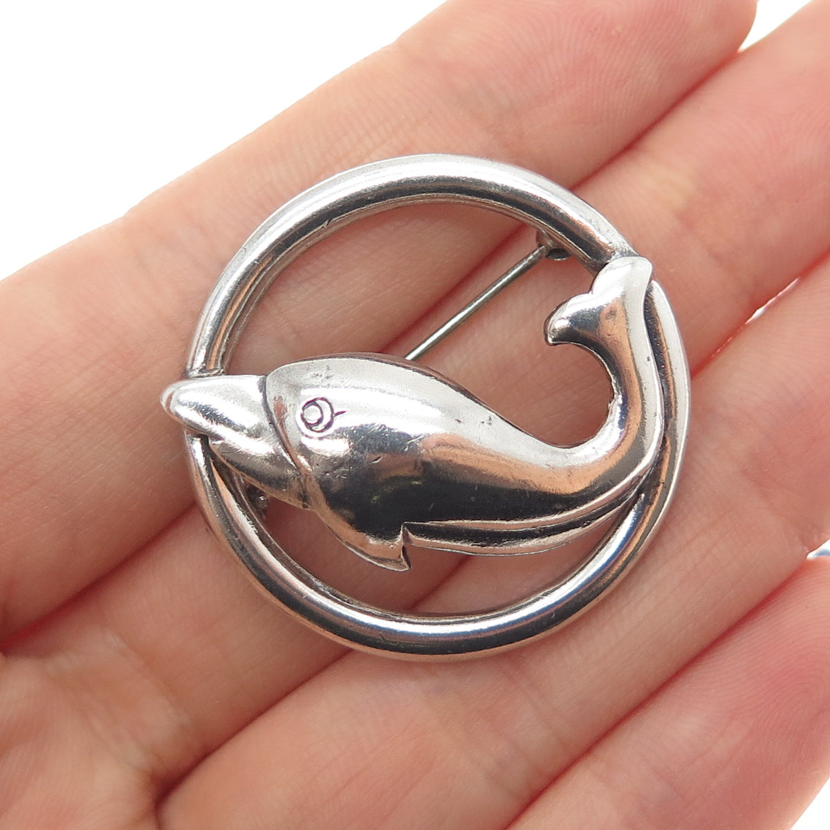 925 Sterling Silver Vintage Dolphin Oxidized Pin Brooch