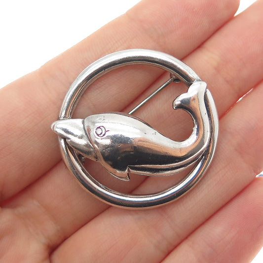 925 Sterling Silver Vintage Dolphin Oxidized Pin Brooch
