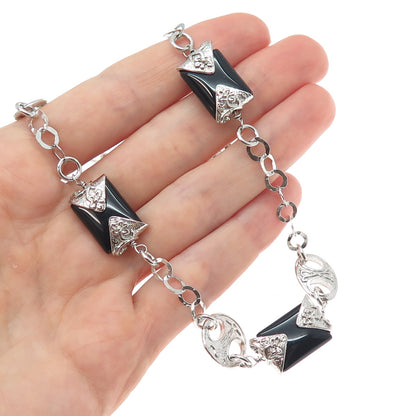 DOBBS Sterling Silver Vintage Italy Real Black Onyx Station Chain Necklace 20"