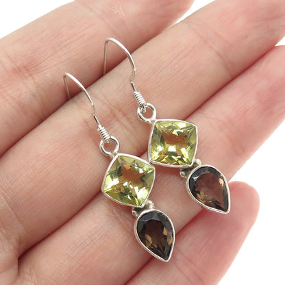 925 Sterling Silver Vintage Real Lemon Citrine & Smoky Quartz Dangle Earrings