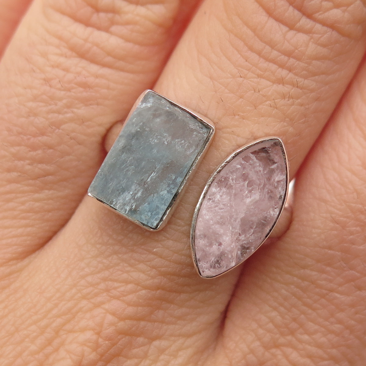 925 Sterling Vintage Real Rose Quartz & Aquamarine Adjustable Ring Size 6.25
