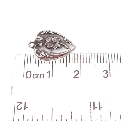 925 Sterling Silver Antique Art Deco Clover Heart Chatelaine Charm Pendant