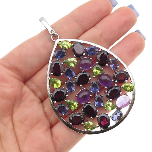 925 Sterling Silver Real Amethyst Iolite & Peridot Cluster Teardrop Pendant