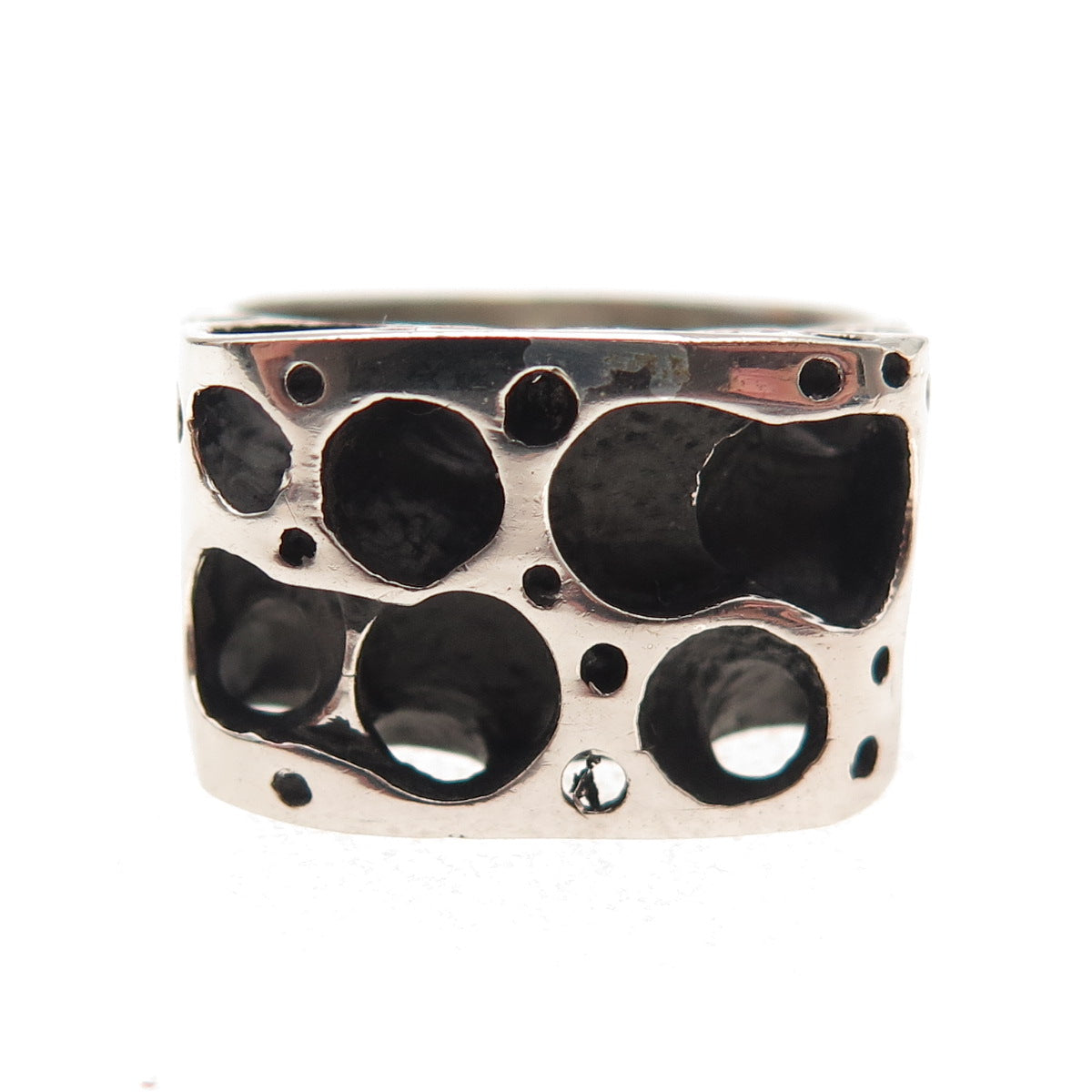 925 Sterling Silver Vintage Modernist Swiss Cheese Oxidized Ring Size 8.75