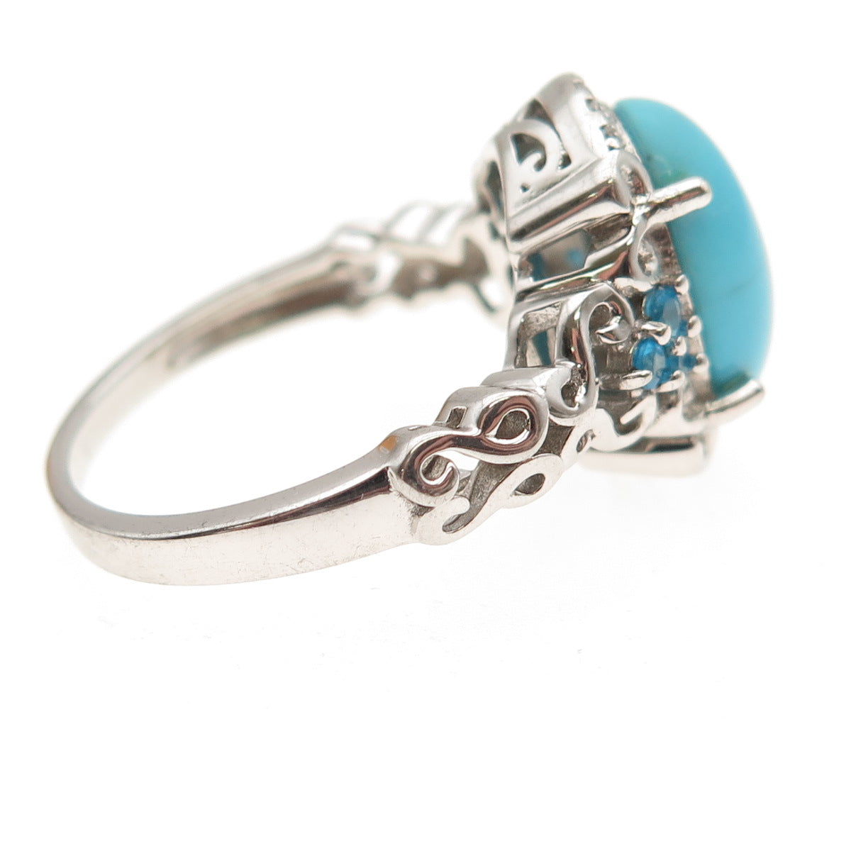 925 Sterling Real Sleeping Beauty Turquoise White Topaz & Apatite Ring Size 9