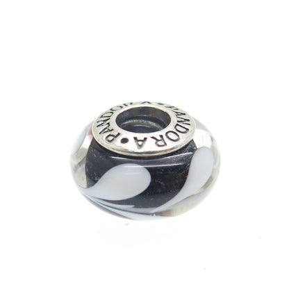 PANDORA 925 Sterling Silver Murano Glass White & Black Branches Bead Charm