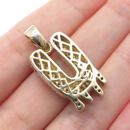 925 Sterling Silver Gold Plated Round-Cut Shaped C Z Letter U Sparkle Pendant