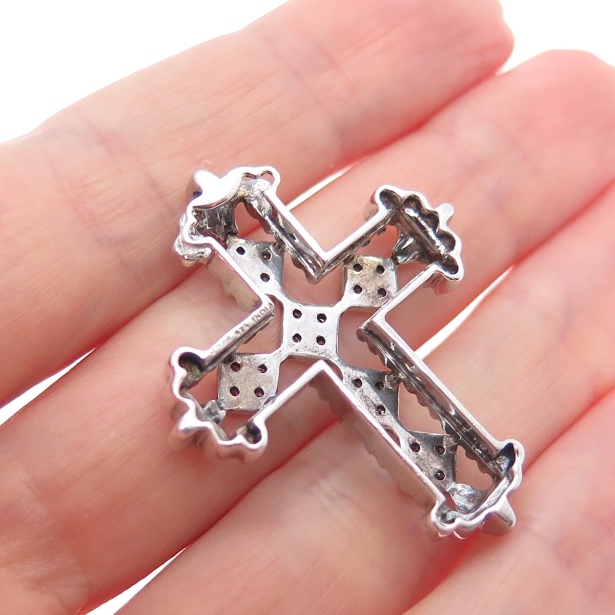 JANE SEYMOUR 925 Sterling Silver Real Diamond Cross Fleur de Lis Slide Pendant
