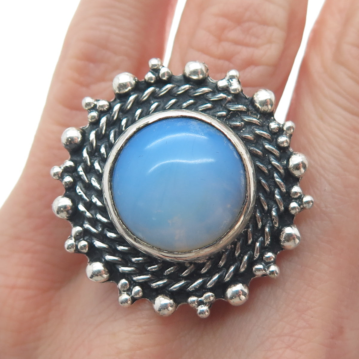 925 Sterling Silver Vintage Real Opalite Roped Beaded Sun Oxidized Ring Size 8.5