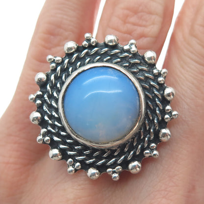 925 Sterling Silver Vintage Real Opalite Roped Beaded Sun Oxidized Ring Size 8.5